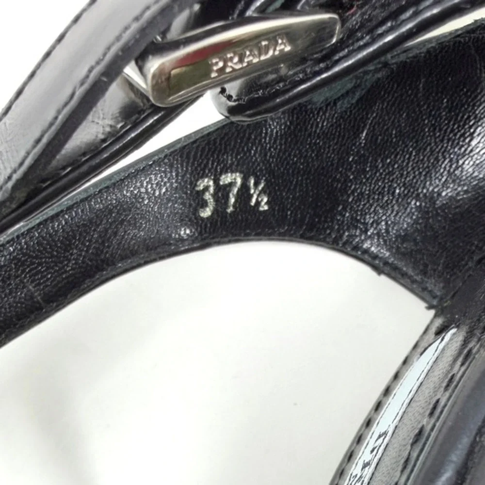 Prada Black Wedge Sandals‎ T Strap Leather Heels 37.5